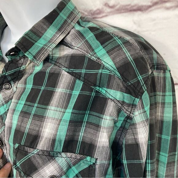 Helix Shirt SZ L Western Athletic Fit Pearl Snap Long Sleeve Green Plaid Rodeo - Picture 8 of 12